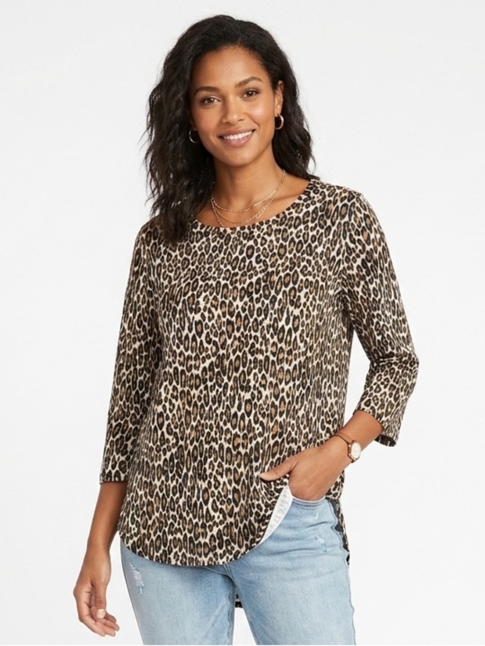 Tommy Bahama Leopard Animal Print 3/4 Sleeve Top High-Low Hem Sz Large - 618
